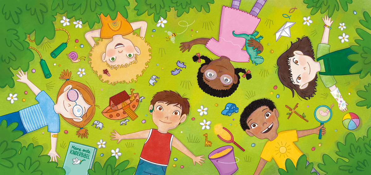Grafik: Spielende Kinder liegen auf einer Wiese und schauen in den Himmel